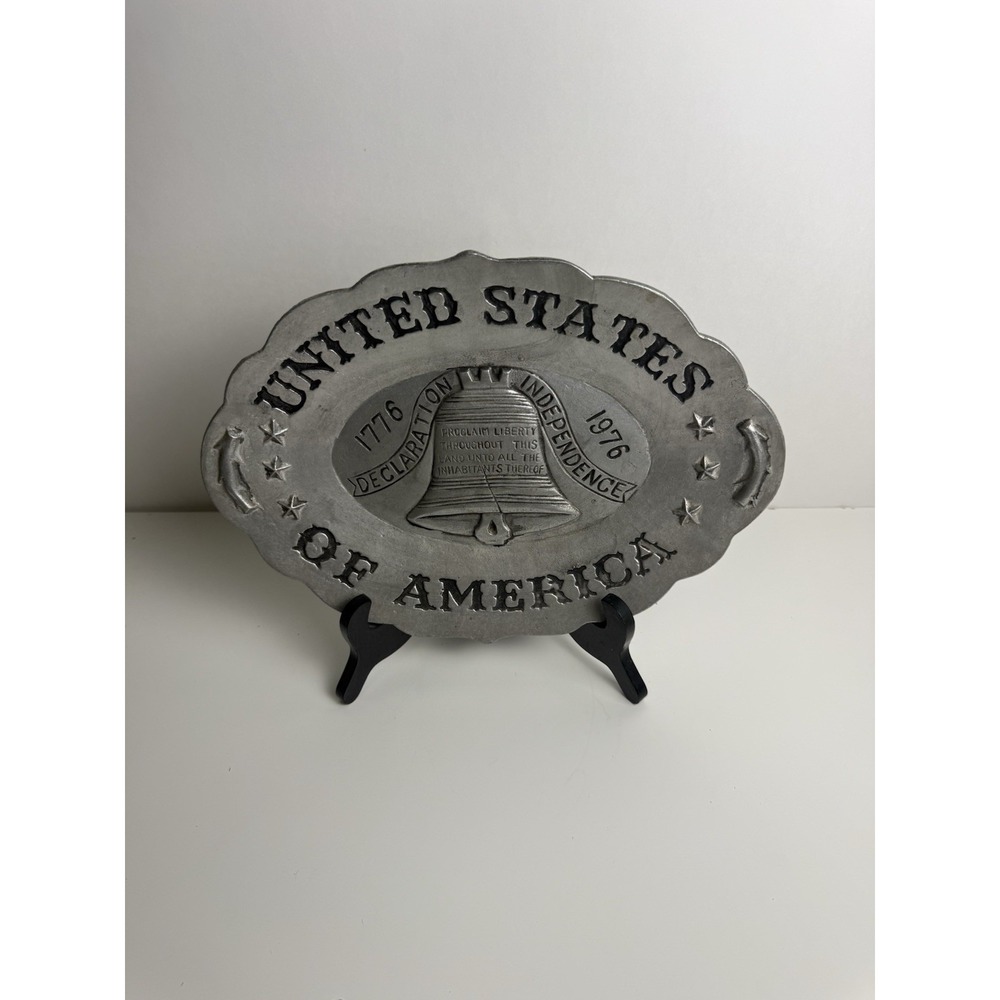 1976 Pewter Plate Declaration of independence liberty bell with wooden stand